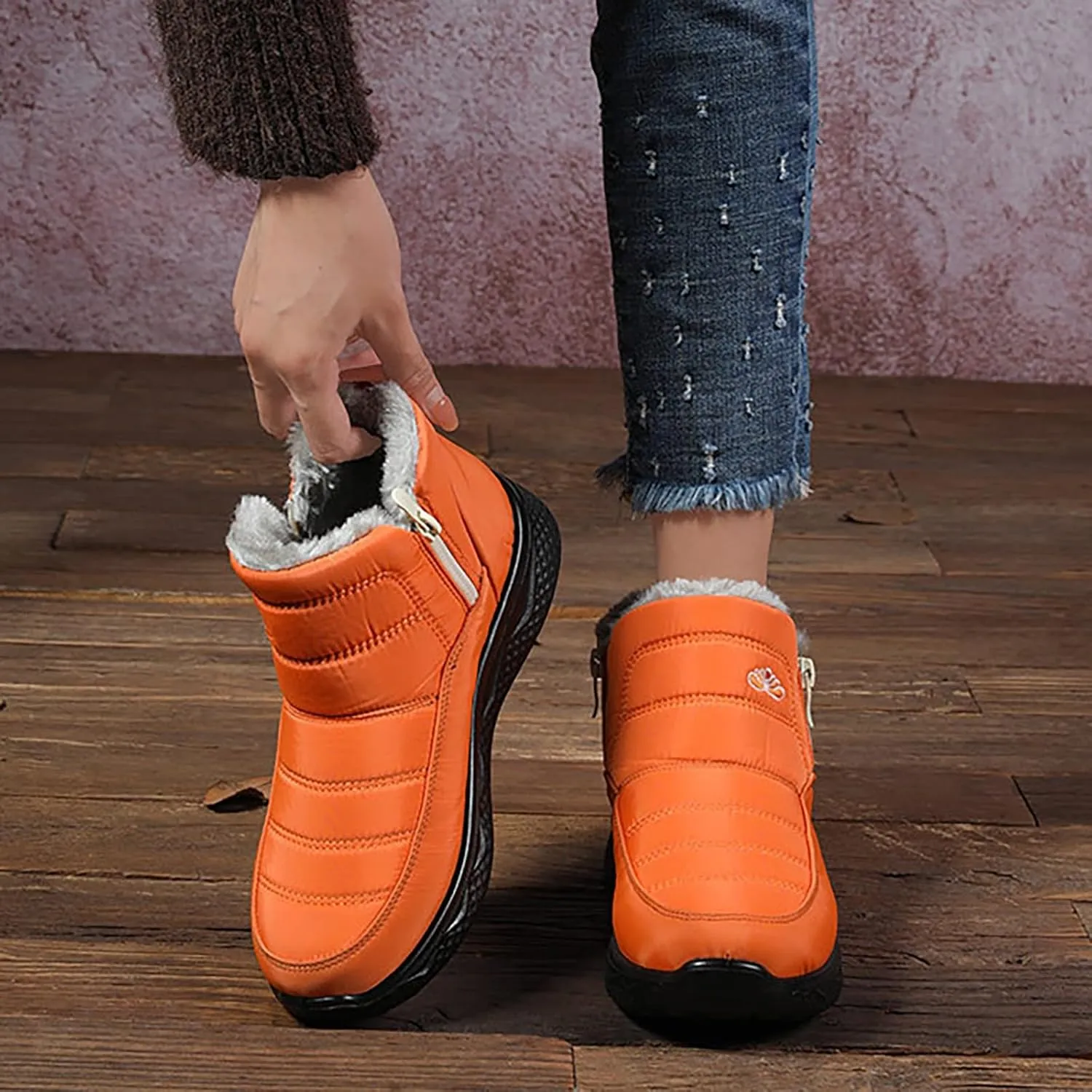 Women Men Winter Snow Boots Half Zipper Ankle Booties Warm Fur Lined Waterproof Insulated Slip On Outdoor Shoes