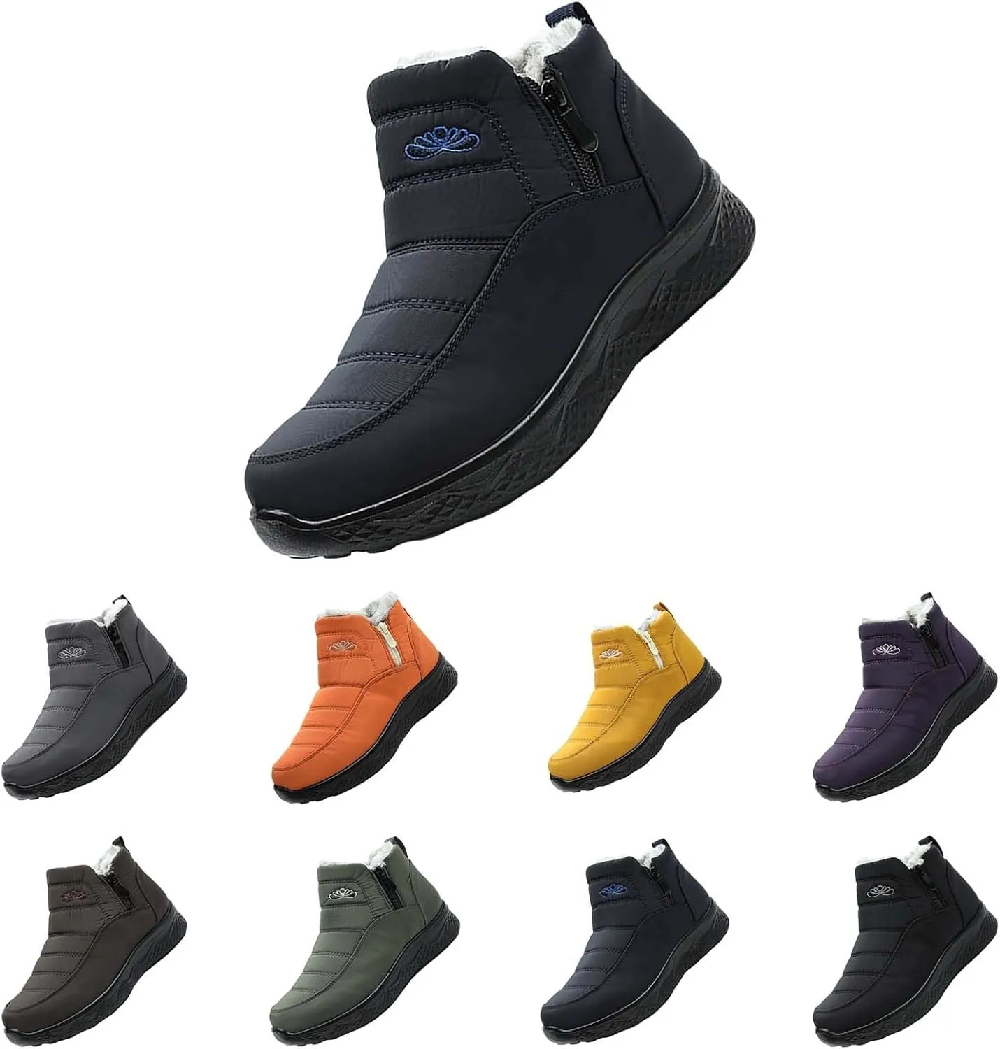 Women Men Winter Snow Boots Half Zipper Ankle Booties Warm Fur Lined Waterproof Insulated Slip On Outdoor Shoes