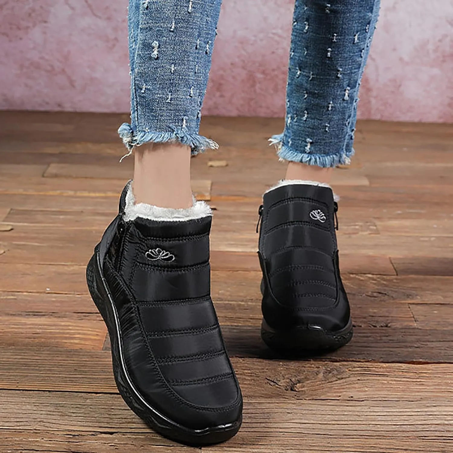 Women Men Winter Snow Boots Half Zipper Ankle Booties Warm Fur Lined Waterproof Insulated Slip On Outdoor Shoes