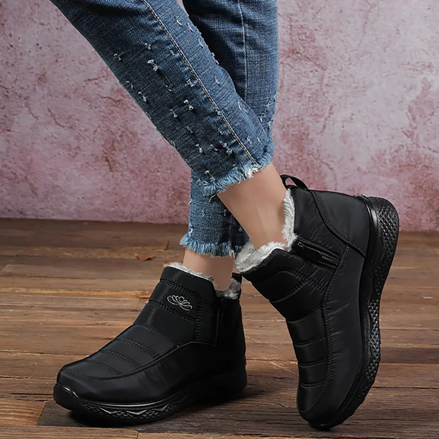 Women Men Winter Snow Boots Half Zipper Ankle Booties Warm Fur Lined Waterproof Insulated Slip On Outdoor Shoes