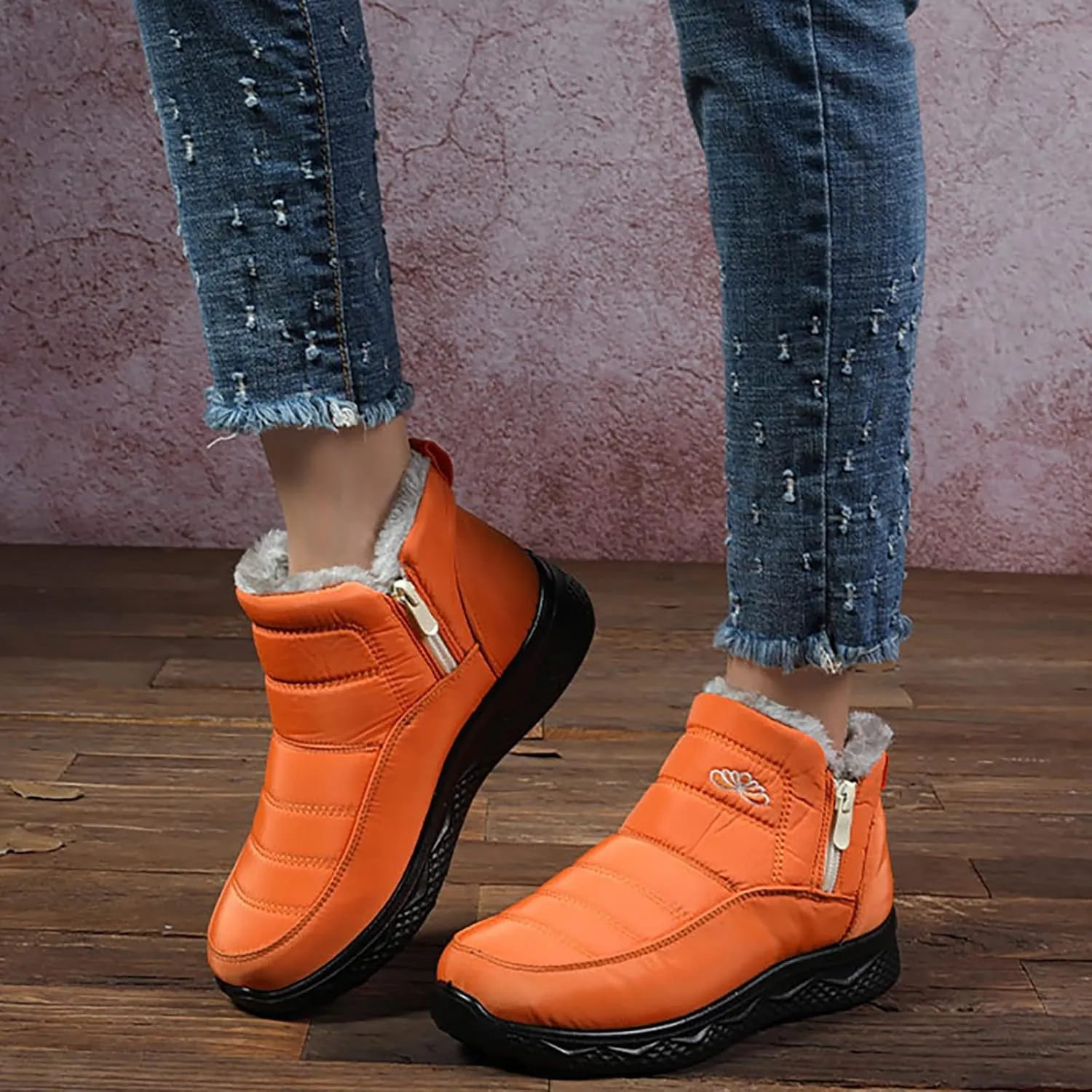 Women Men Winter Snow Boots Half Zipper Ankle Booties Warm Fur Lined Waterproof Insulated Slip On Outdoor Shoes