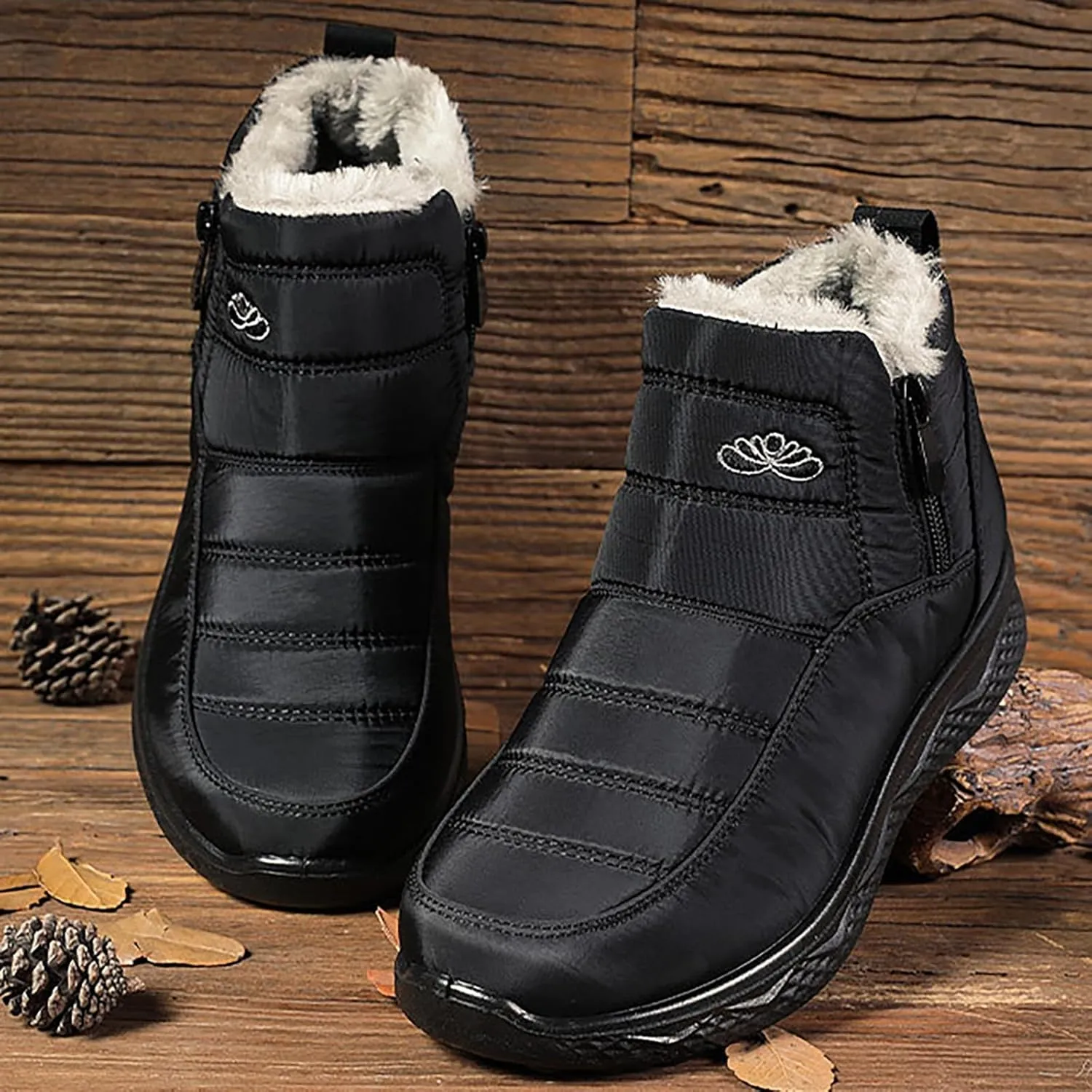 Women Men Winter Snow Boots Half Zipper Ankle Booties Warm Fur Lined Waterproof Insulated Slip On Outdoor Shoes