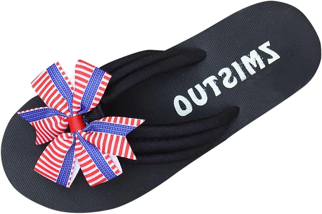 Women's American Flag Bow Sandals 4th of July Flip Flops Patriotic Beach Sandals Flats Round Open Toe Slide Sandals