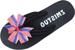 Women's American Flag Bow Sandals 4th of July Flip Flops Patriotic Beach Sandals Flats Round Open Toe Slide Sandals