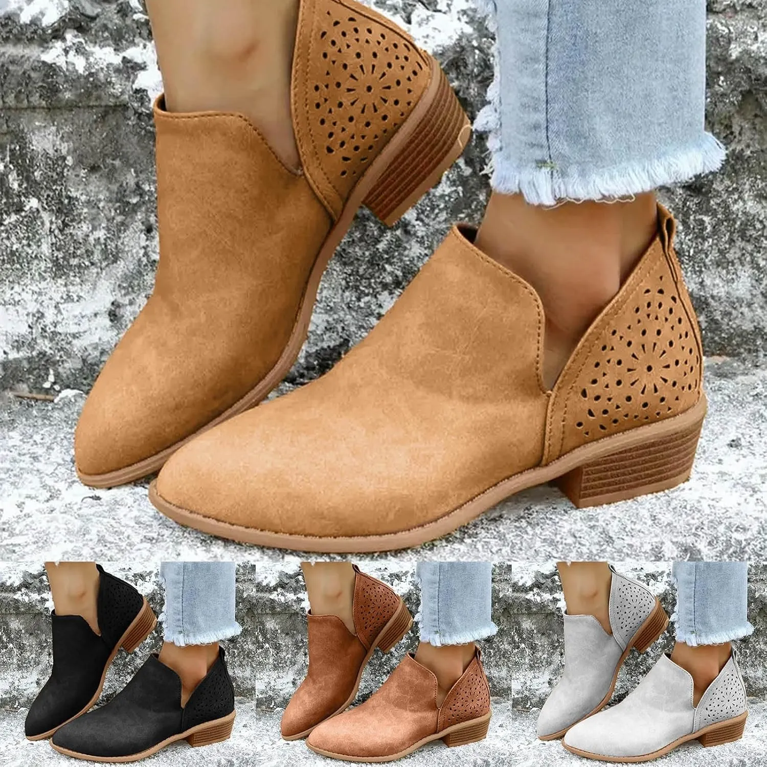 Women's Ankle Boots Leather Lady Casual Ankle Boots Pointed Toe Low Heel Leather Durability Casual Boots Stitching