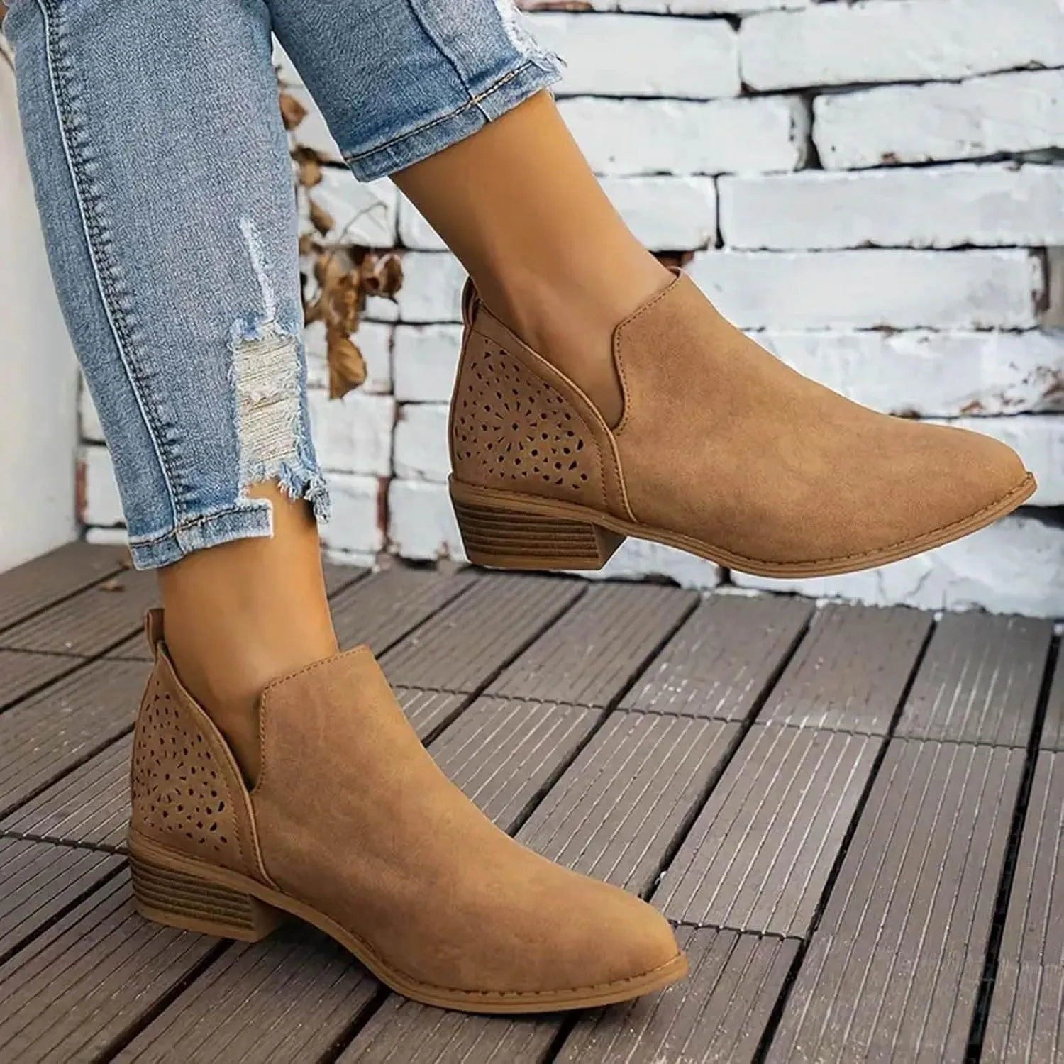 Women's Ankle Boots Leather Lady Casual Ankle Boots Pointed Toe Low Heel Leather Durability Casual Boots Stitching