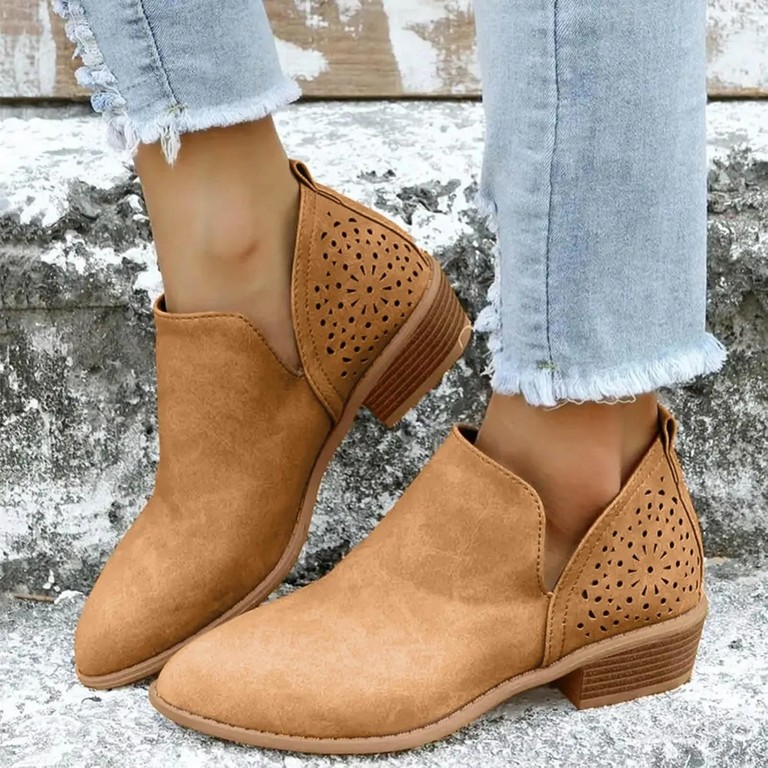Women's Ankle Boots Leather Lady Casual Ankle Boots Pointed Toe Low Heel Leather Durability Casual Boots Stitching