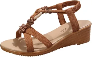 Women's Bohemian Wedge Sandals Summer Comfortable Open Toe Platform Casual Dressy Beach Walking Shoes with Ankle