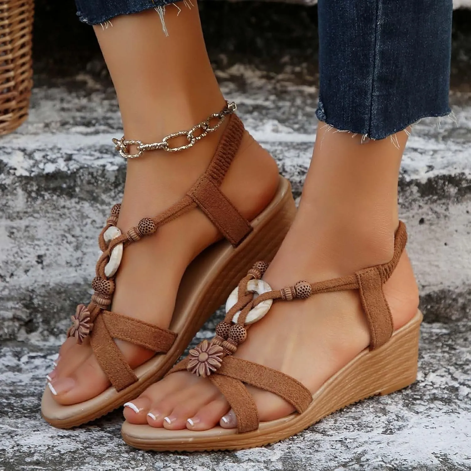 Women's Bohemian Wedge Sandals Summer Comfortable Open Toe Platform Casual Dressy Beach Walking Shoes with Ankle