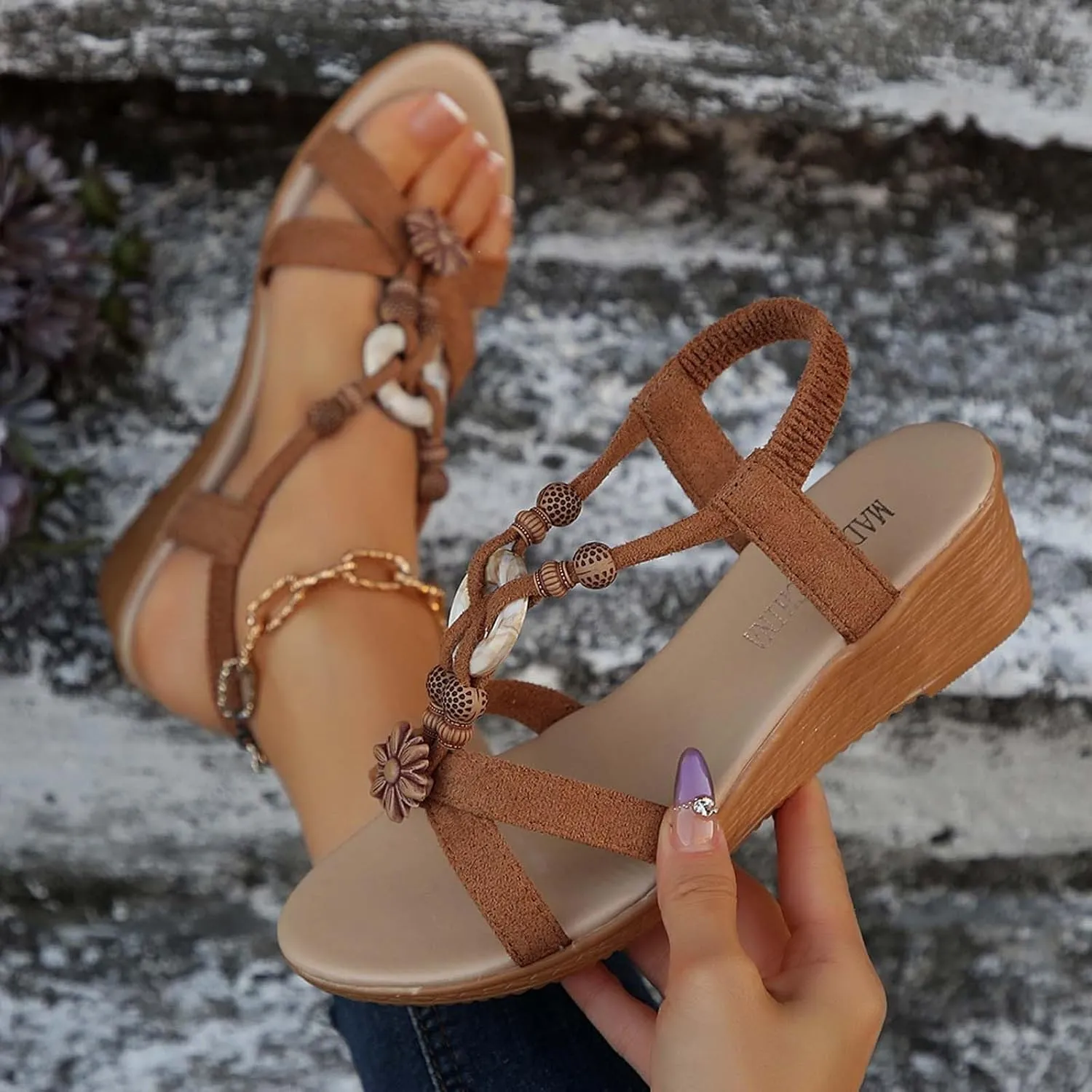 Women's Bohemian Wedge Sandals Summer Comfortable Open Toe Platform Casual Dressy Beach Walking Shoes with Ankle