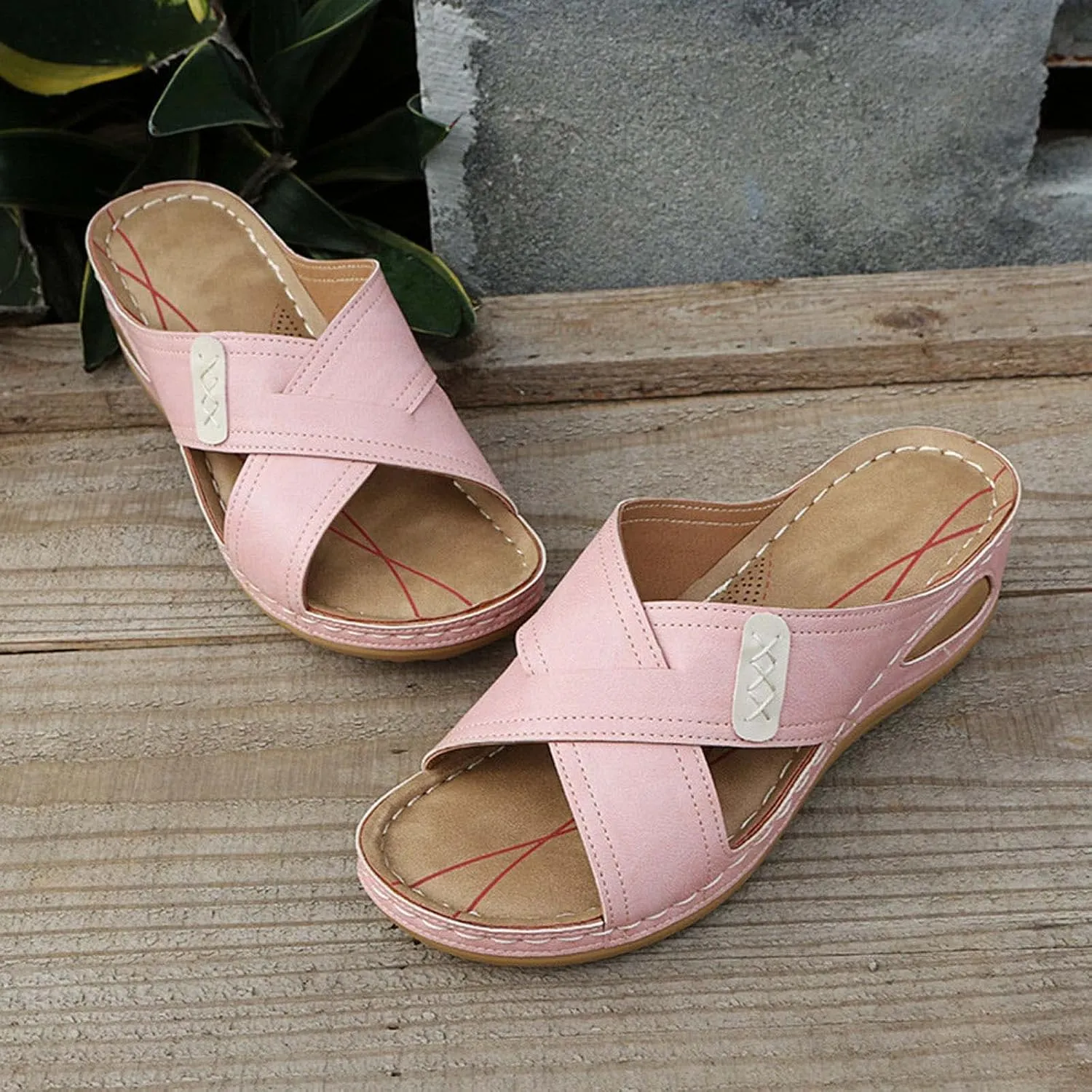 Women's Comfy Orthotic Sandals with Arched Support Summer Fashion Cross Straps Open Toe Slip on Slippers Comfy Outdoor Anti-Slip Ladies Casual Shoes