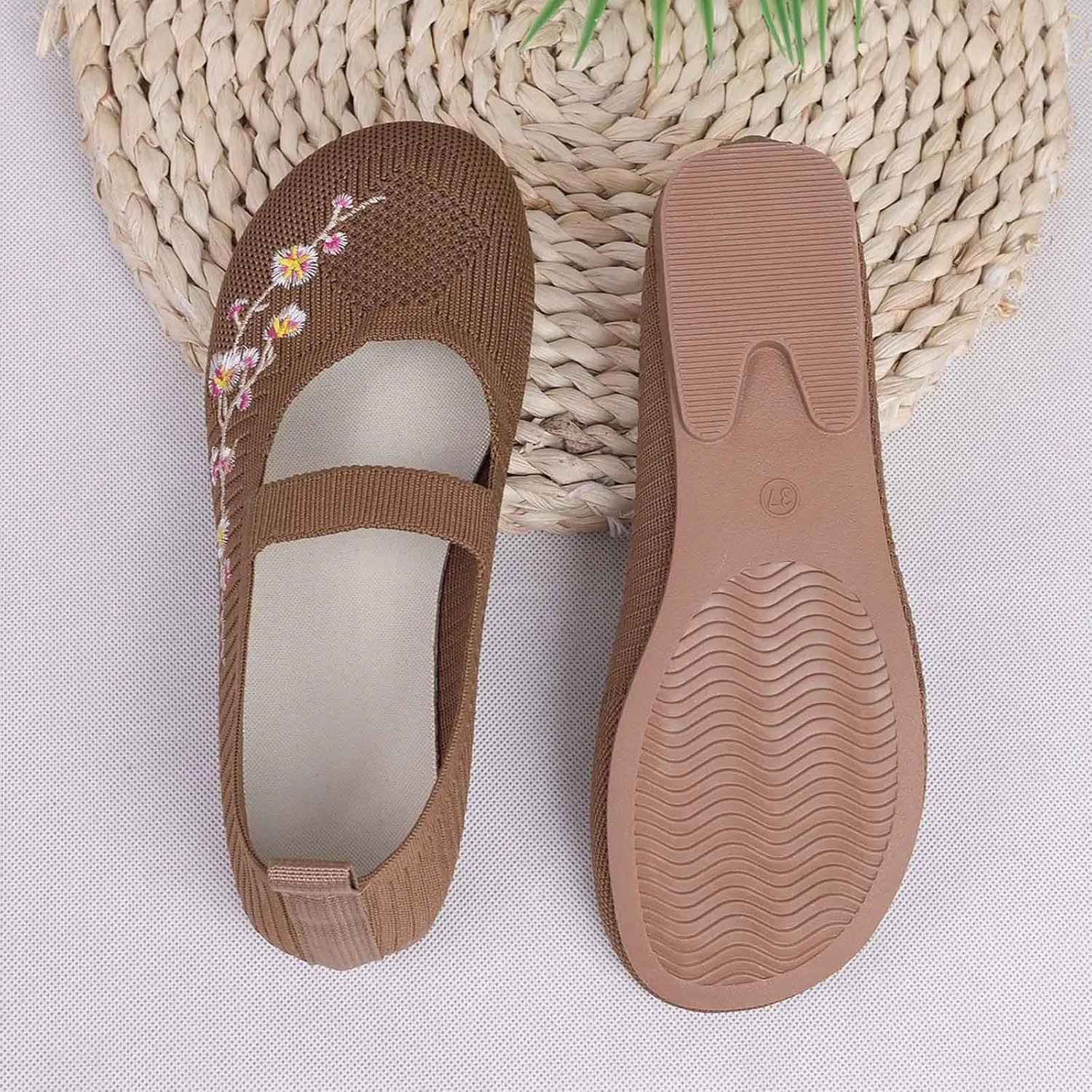 Women's Embroidered Mesh Ballet Comfortable Casual Mary Jane Shoes for Walking Daily Outfits