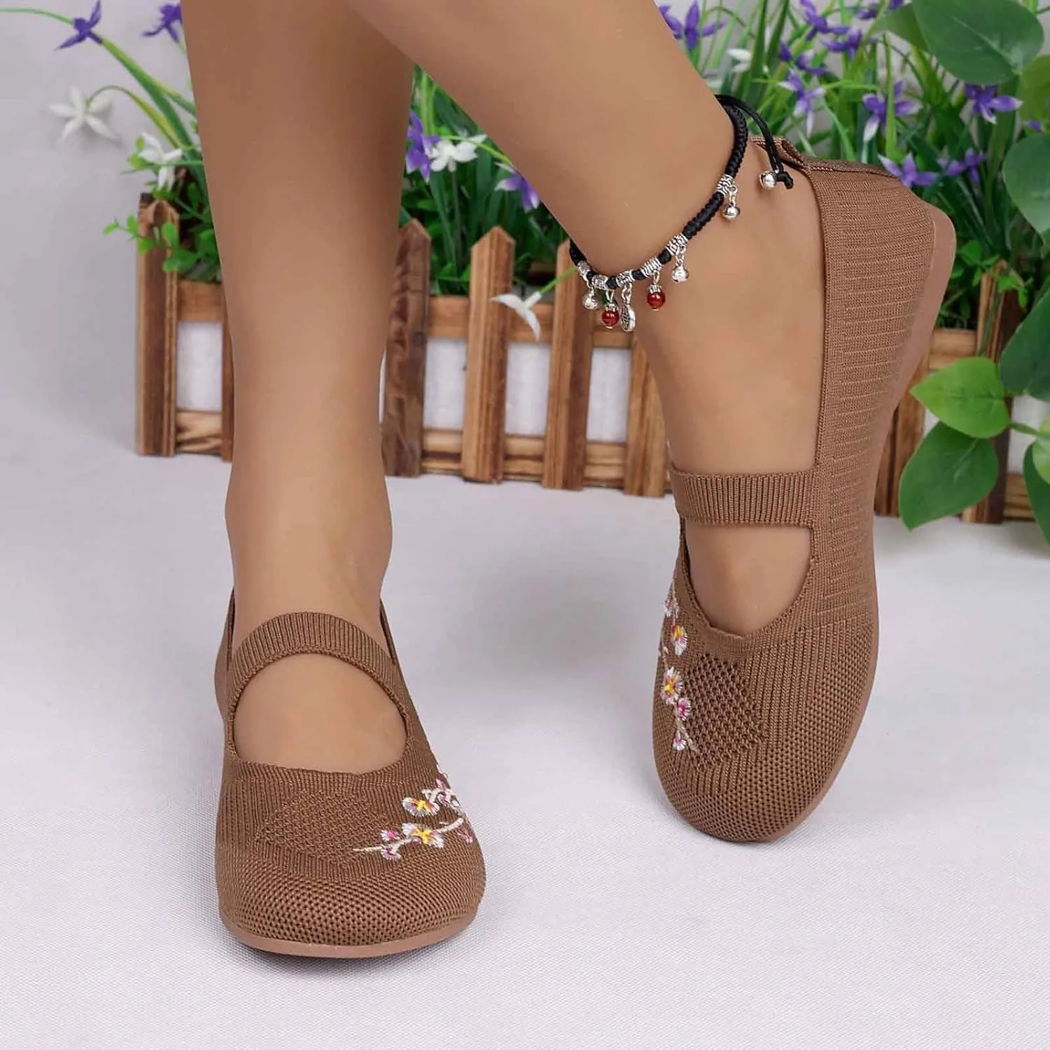Women's Embroidered Mesh Ballet Comfortable Casual Mary Jane Shoes for Walking Daily Outfits