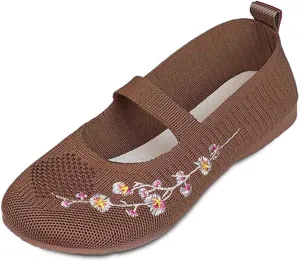 Women's Embroidered Mesh Ballet Comfortable Casual Mary Jane Shoes for Walking Daily Outfits