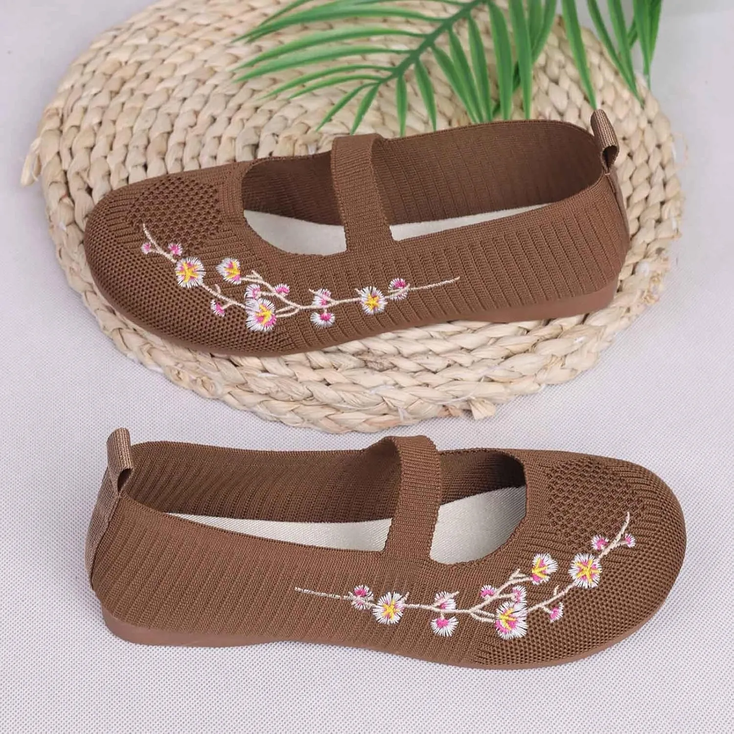 Women's Embroidered Mesh Ballet Comfortable Casual Mary Jane Shoes for Walking Daily Outfits