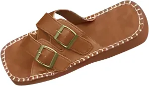 Women's Fashion Flat Sandals Dressy Summer Square Open Toe Slip On PU Leather Slide Sandal Y2K Strappy Casual Slides