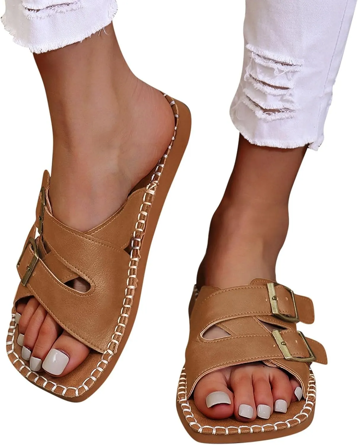 Women's Fashion Flat Sandals Dressy Summer Square Open Toe Slip On PU Leather Slide Sandal Y2K Strappy Casual Slides