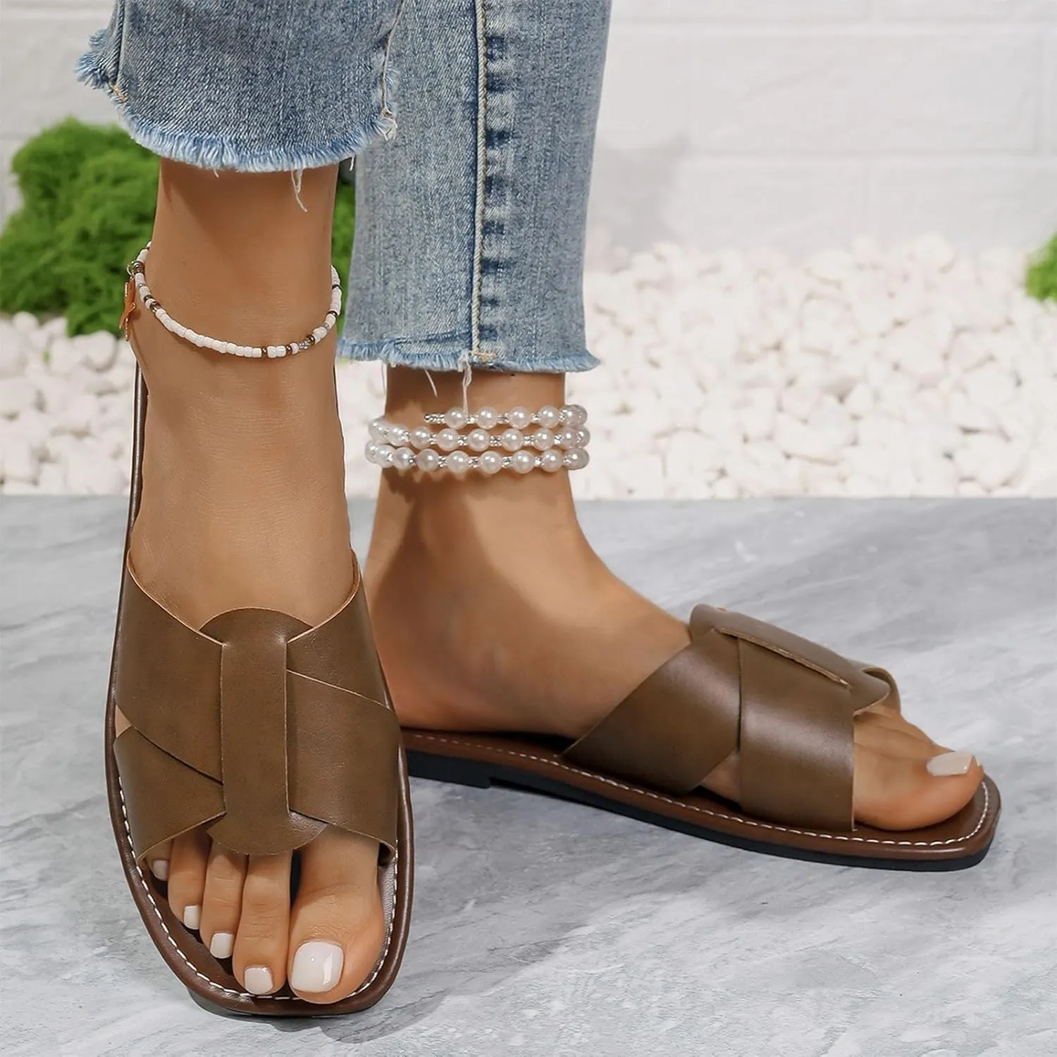 Women's Flat Slide Sandals Cute Buckle Strap Slip on Dressy Casual Strappy Sandals 2025 Summer Open Toe Slides Shoes