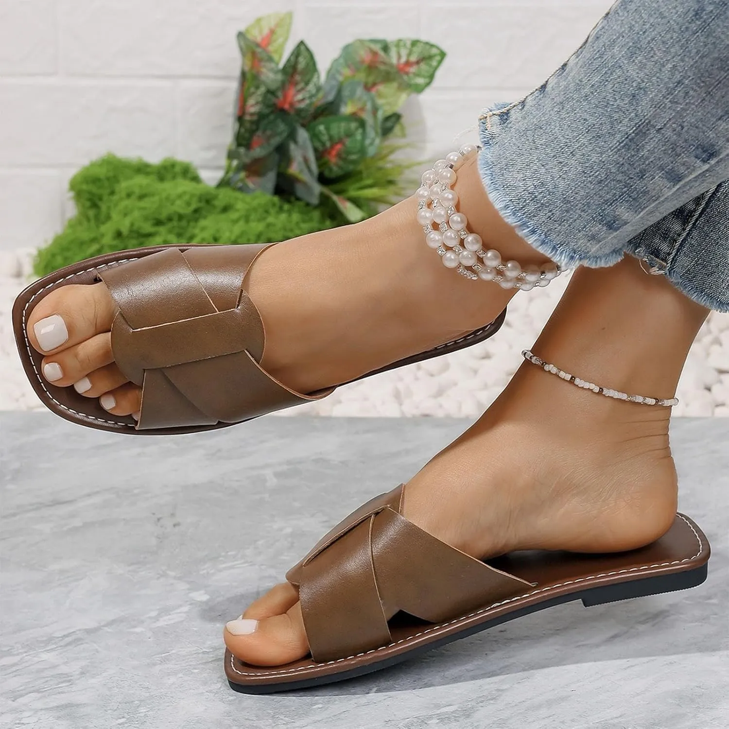 Women's Flat Slide Sandals Cute Buckle Strap Slip on Dressy Casual Strappy Sandals 2025 Summer Open Toe Slides Shoes