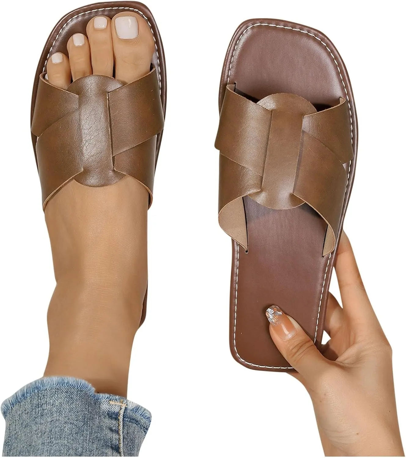 Women's Flat Slide Sandals Cute Buckle Strap Slip on Dressy Casual Strappy Sandals 2025 Summer Open Toe Slides Shoes