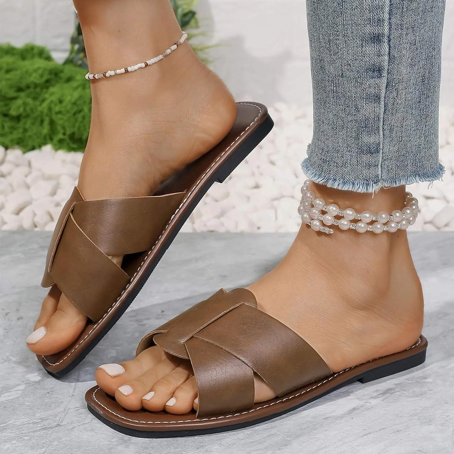 Women's Flat Slide Sandals Cute Buckle Strap Slip on Dressy Casual Strappy Sandals 2025 Summer Open Toe Slides Shoes