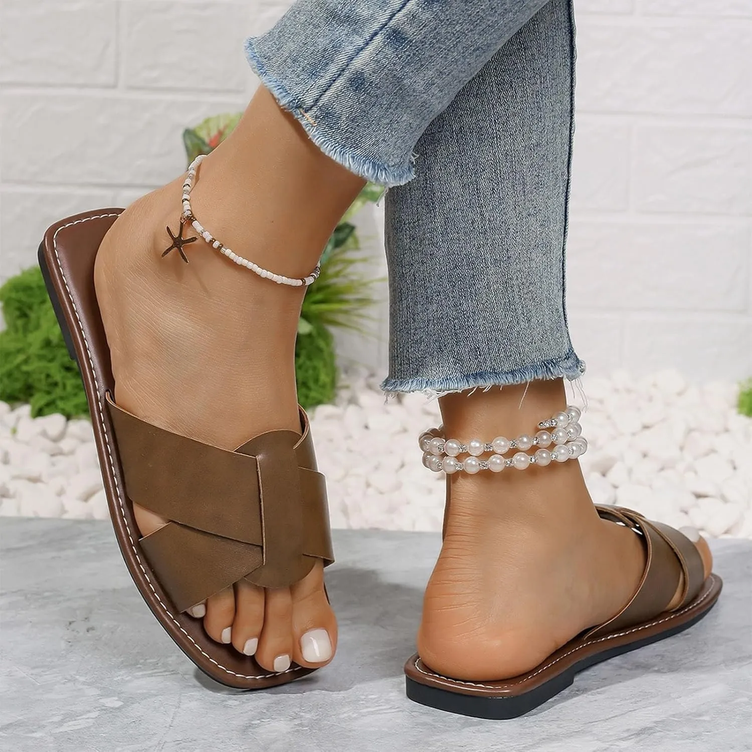 Women's Flat Slide Sandals Cute Buckle Strap Slip on Dressy Casual Strappy Sandals 2025 Summer Open Toe Slides Shoes