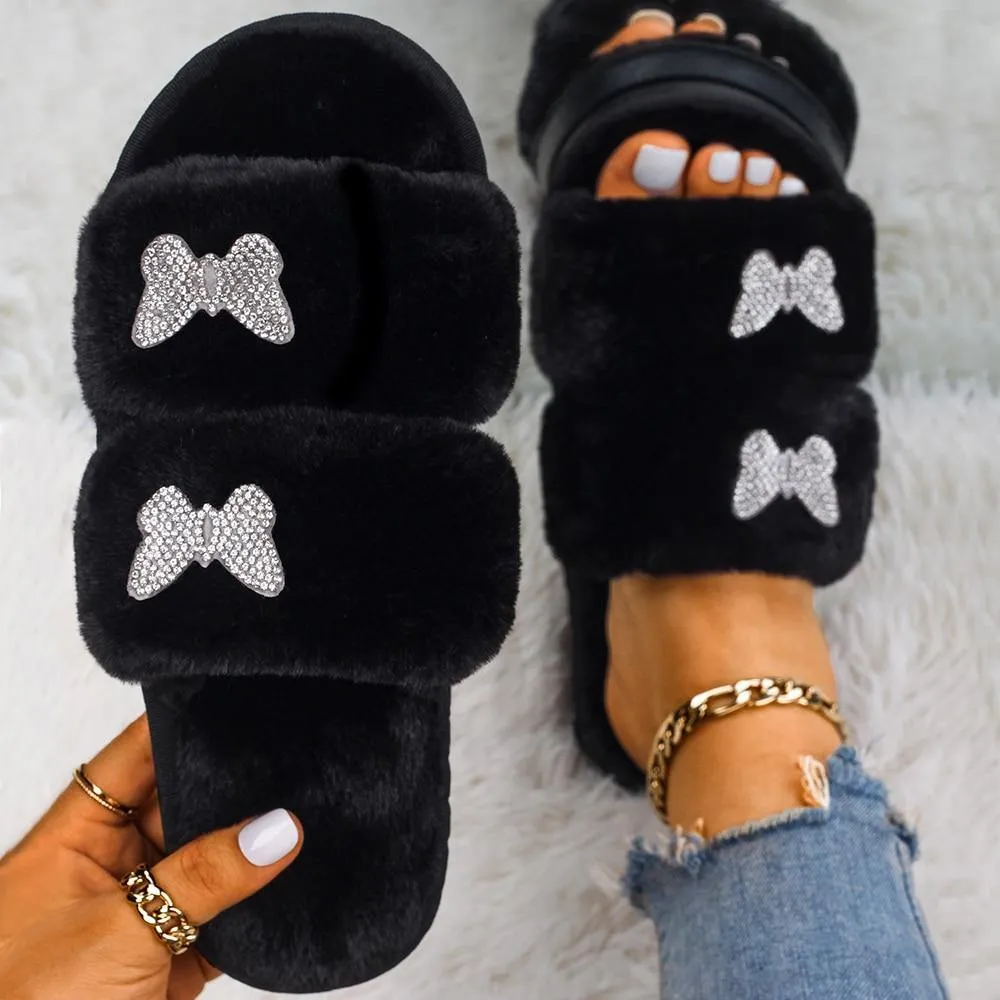 Women's Furr Slippers W/ Rhinestone Butterfly Detail