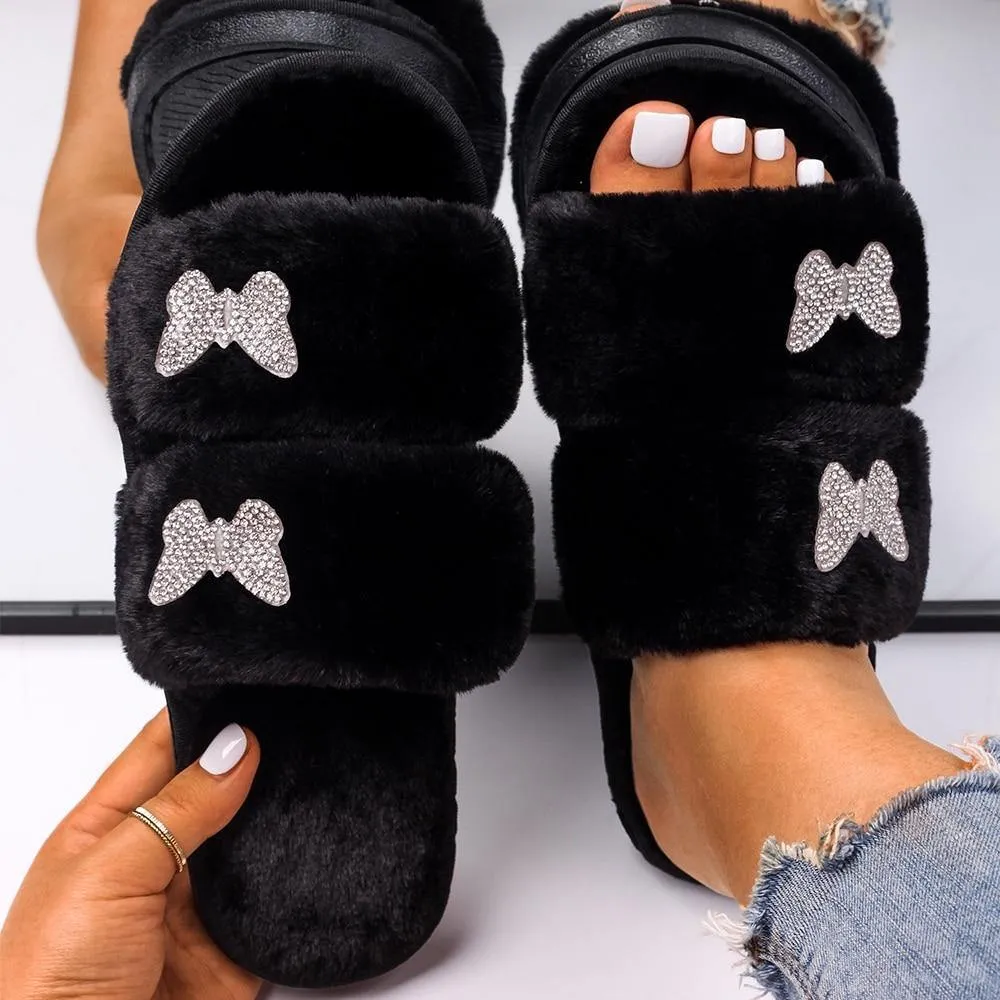 Women's Furr Slippers W/ Rhinestone Butterfly Detail