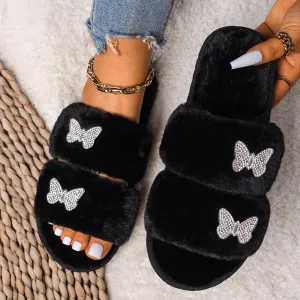 Women's Furr Slippers W/ Rhinestone Butterfly Detail