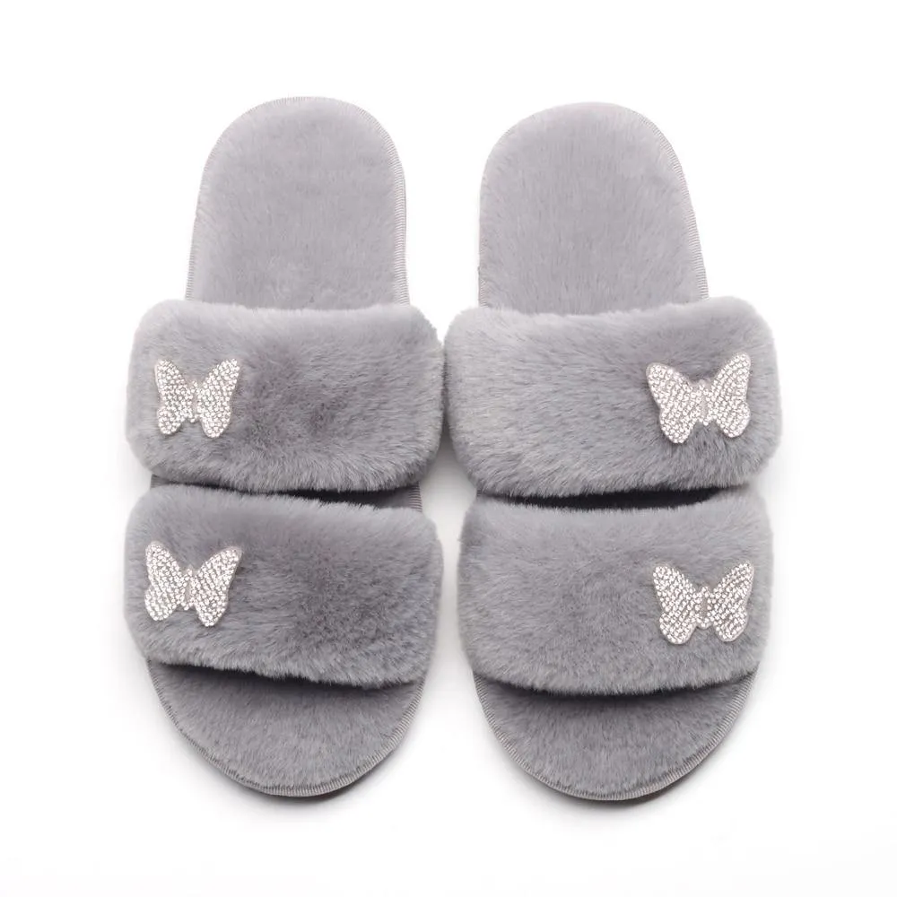 Women's Furr Slippers W/ Rhinestone Butterfly Detail