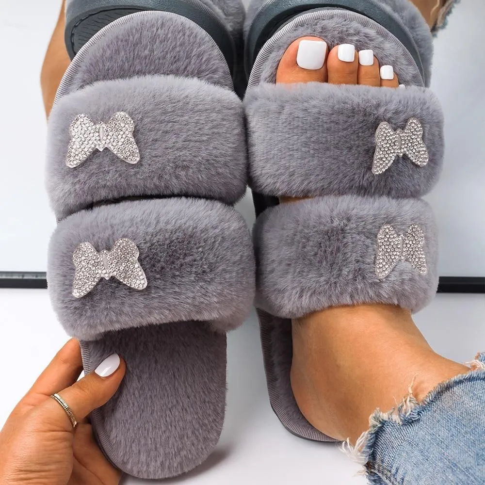 Women's Furr Slippers W/ Rhinestone Butterfly Detail