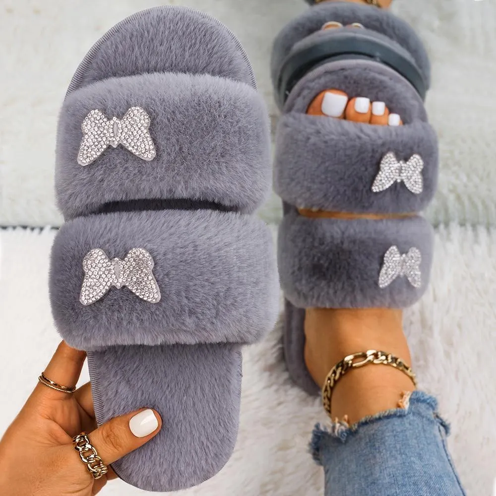 Women's Furr Slippers W/ Rhinestone Butterfly Detail