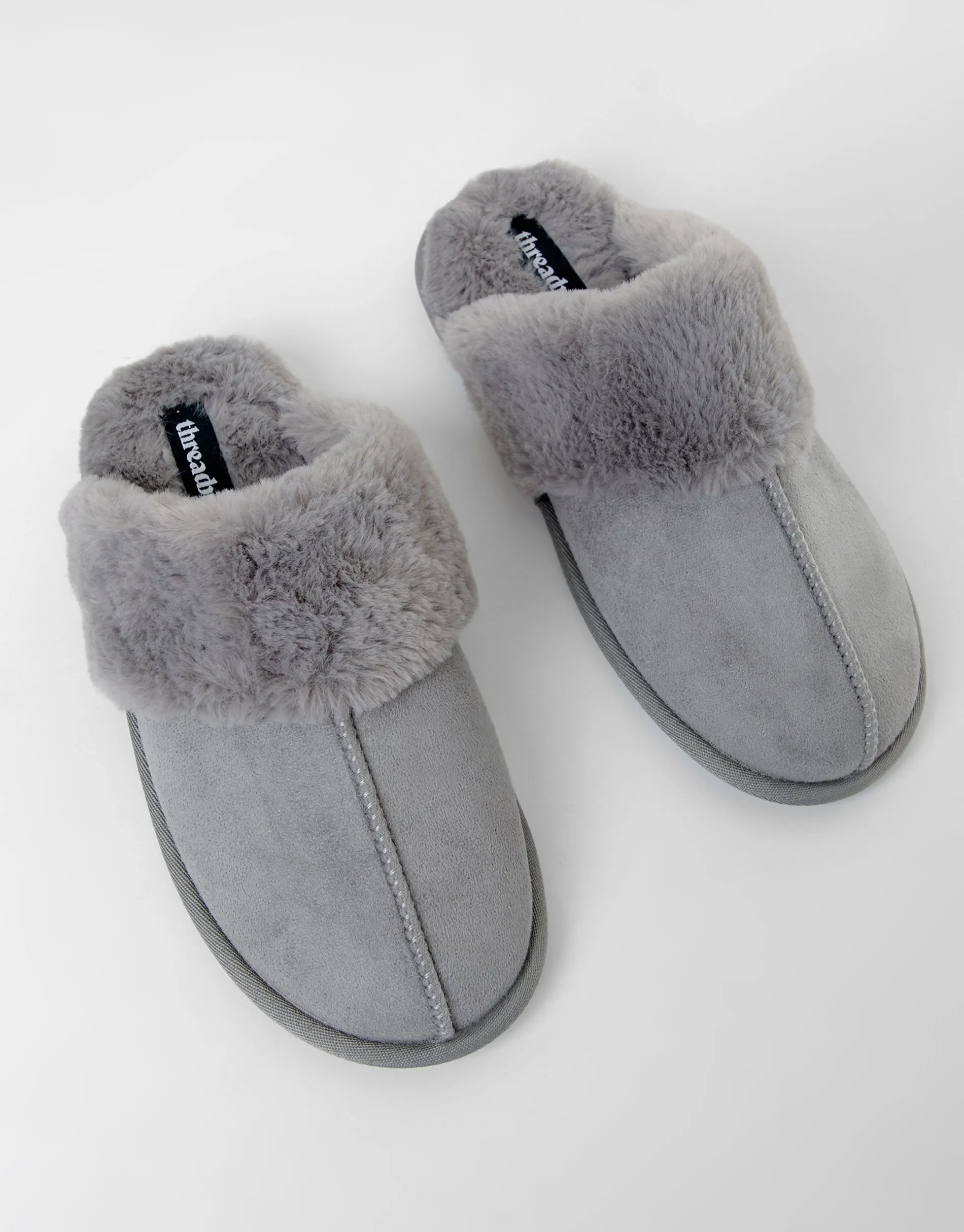 Women's Grey Faux Suede Faux Fur Lined Mule Slippers