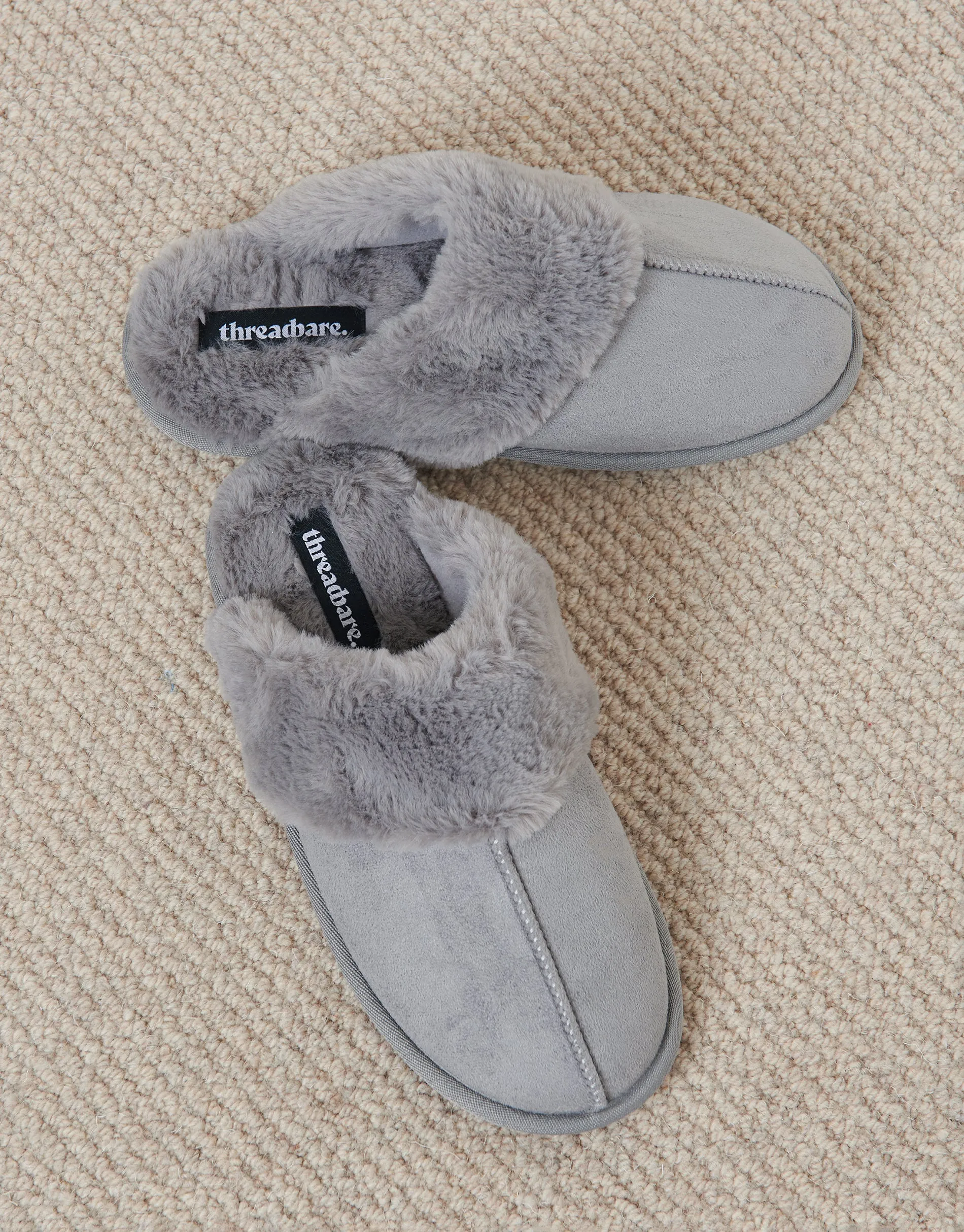 Women's Grey Faux Suede Faux Fur Lined Mule Slippers