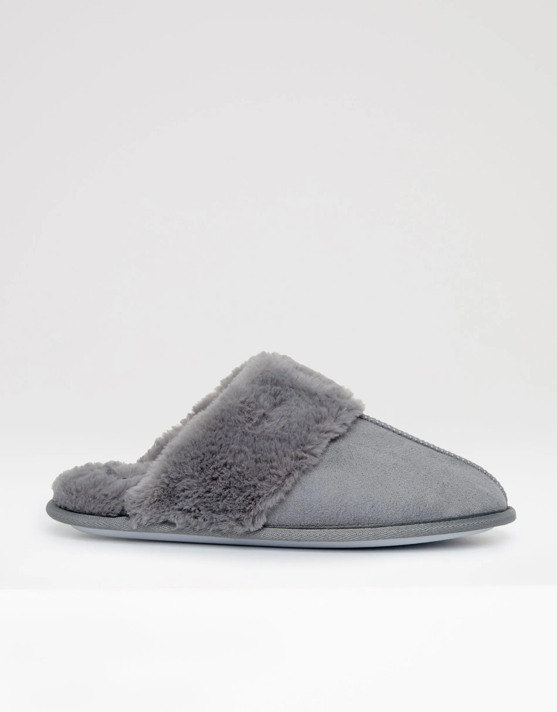 Women's Grey Faux Suede Faux Fur Lined Mule Slippers
