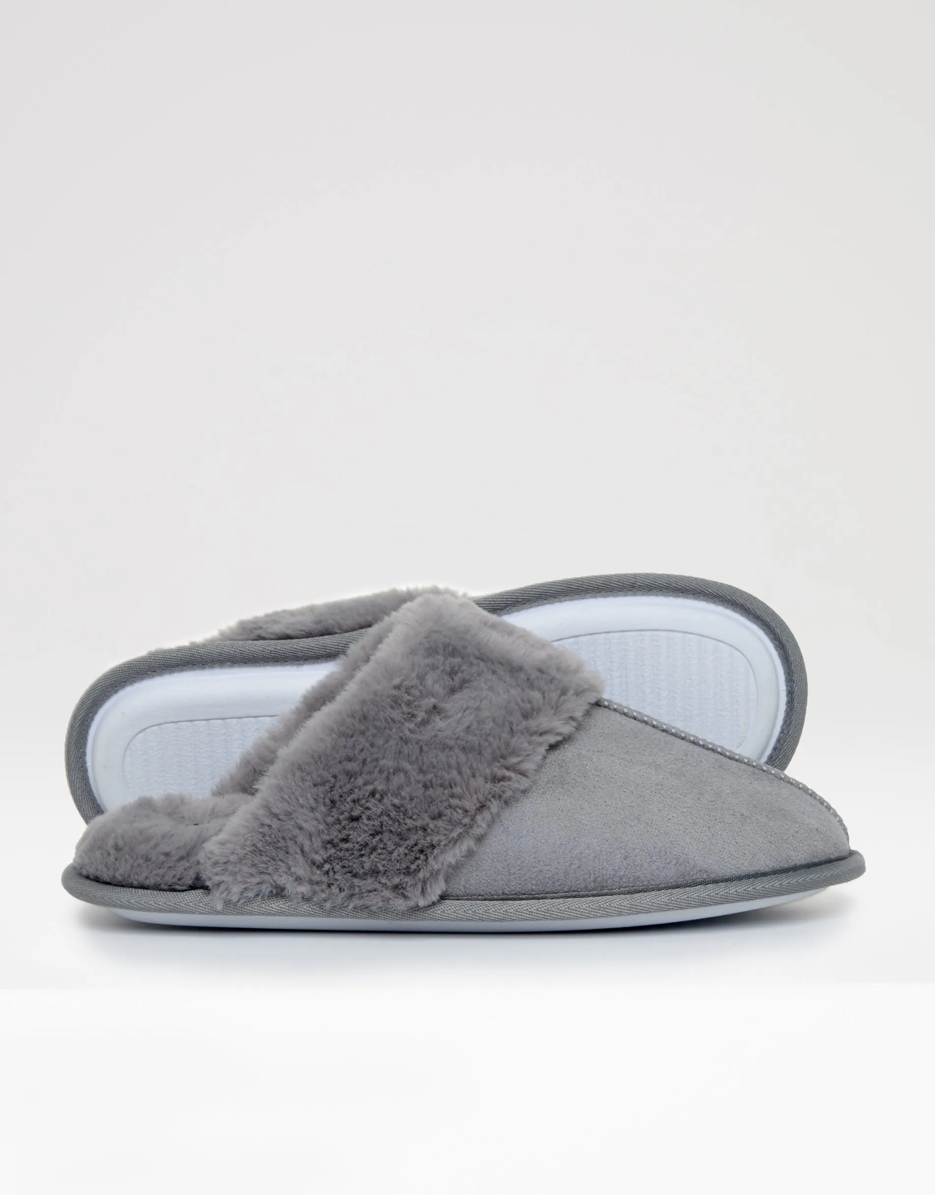 Women's Grey Faux Suede Faux Fur Lined Mule Slippers