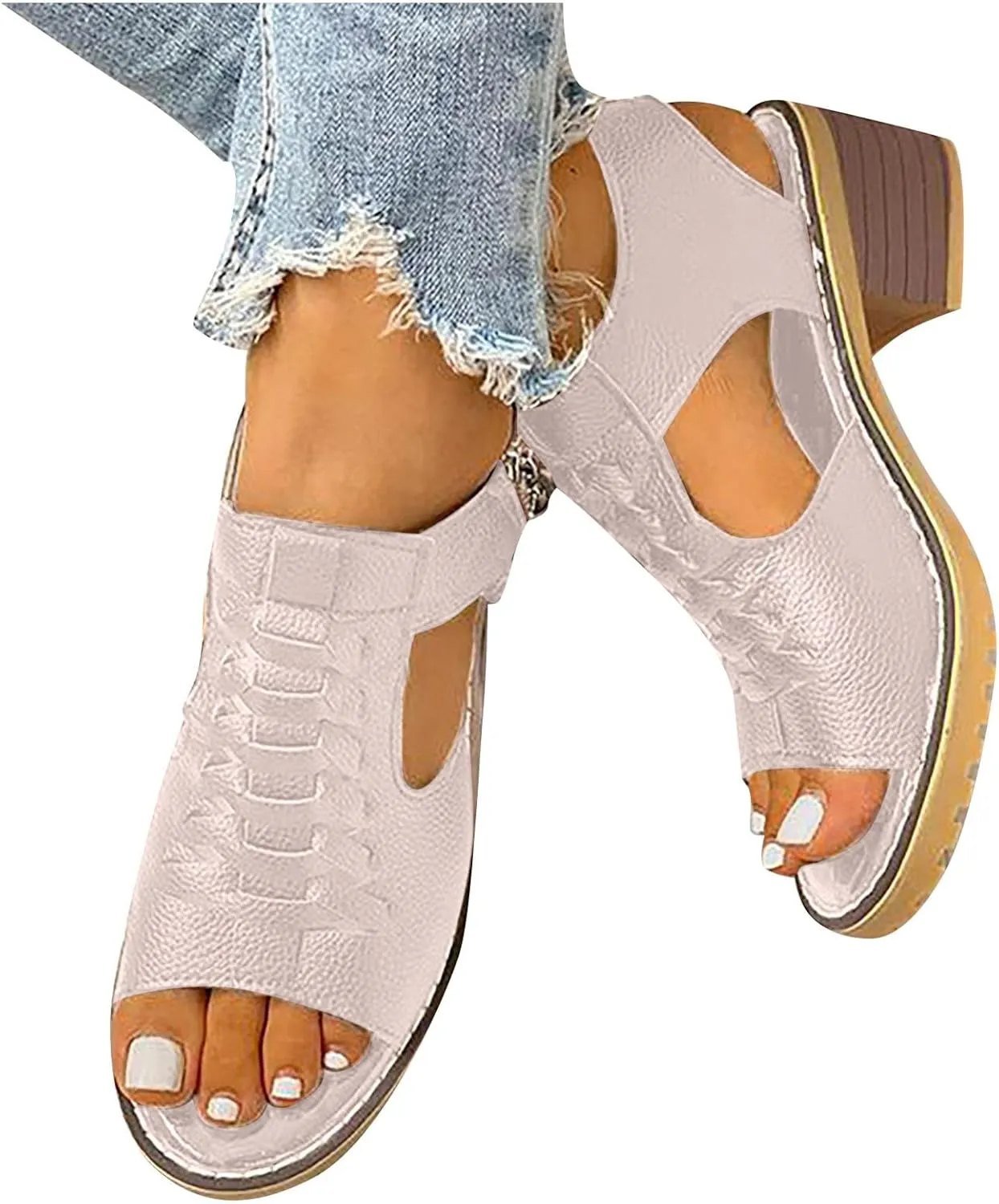 Womens Low Chunky Heel Sandals Fashion Ankle Zipper Open Toe Sandals Comfortable Sandales Summer Dressy Party Sandals