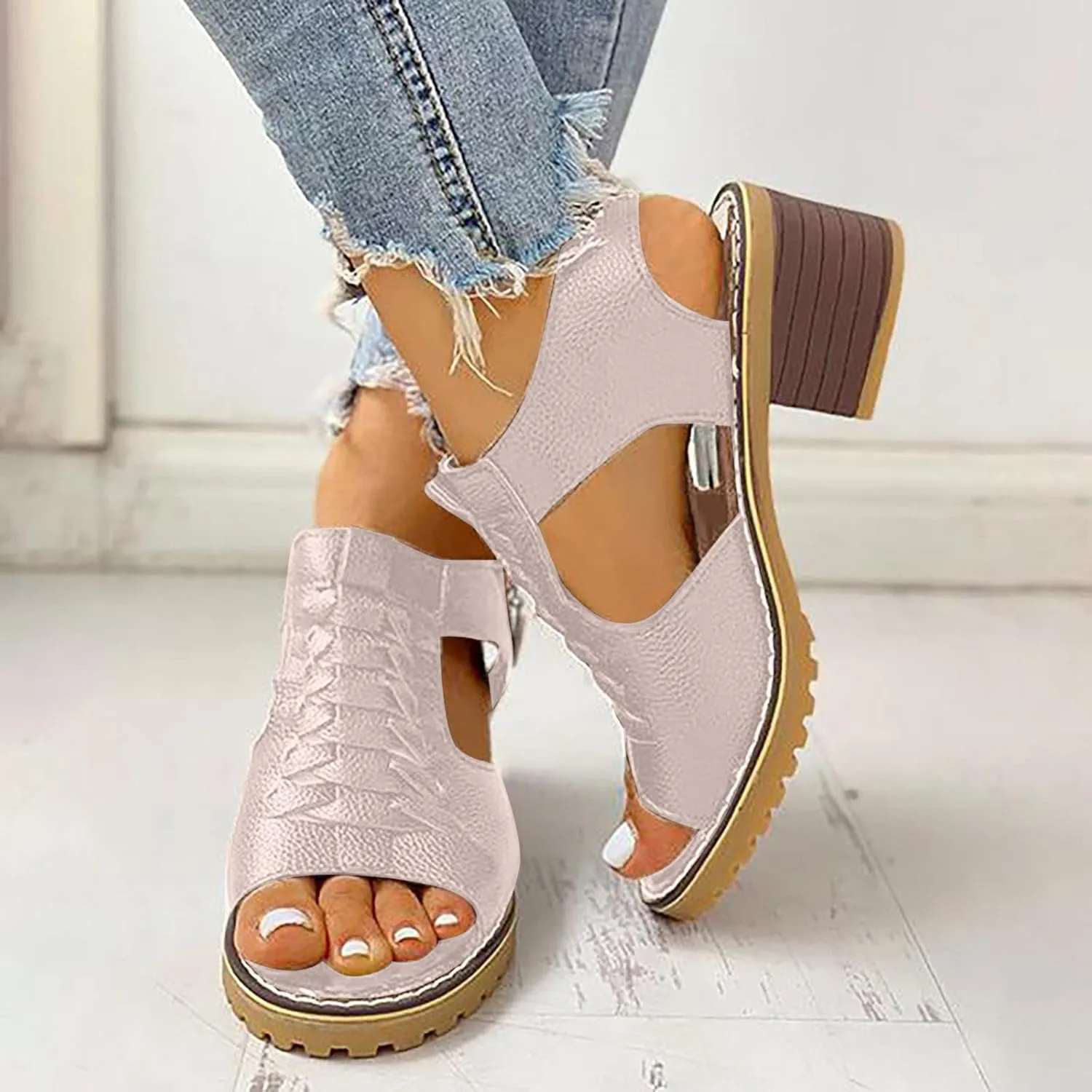 Womens Low Chunky Heel Sandals Fashion Ankle Zipper Open Toe Sandals Comfortable Sandales Summer Dressy Party Sandals