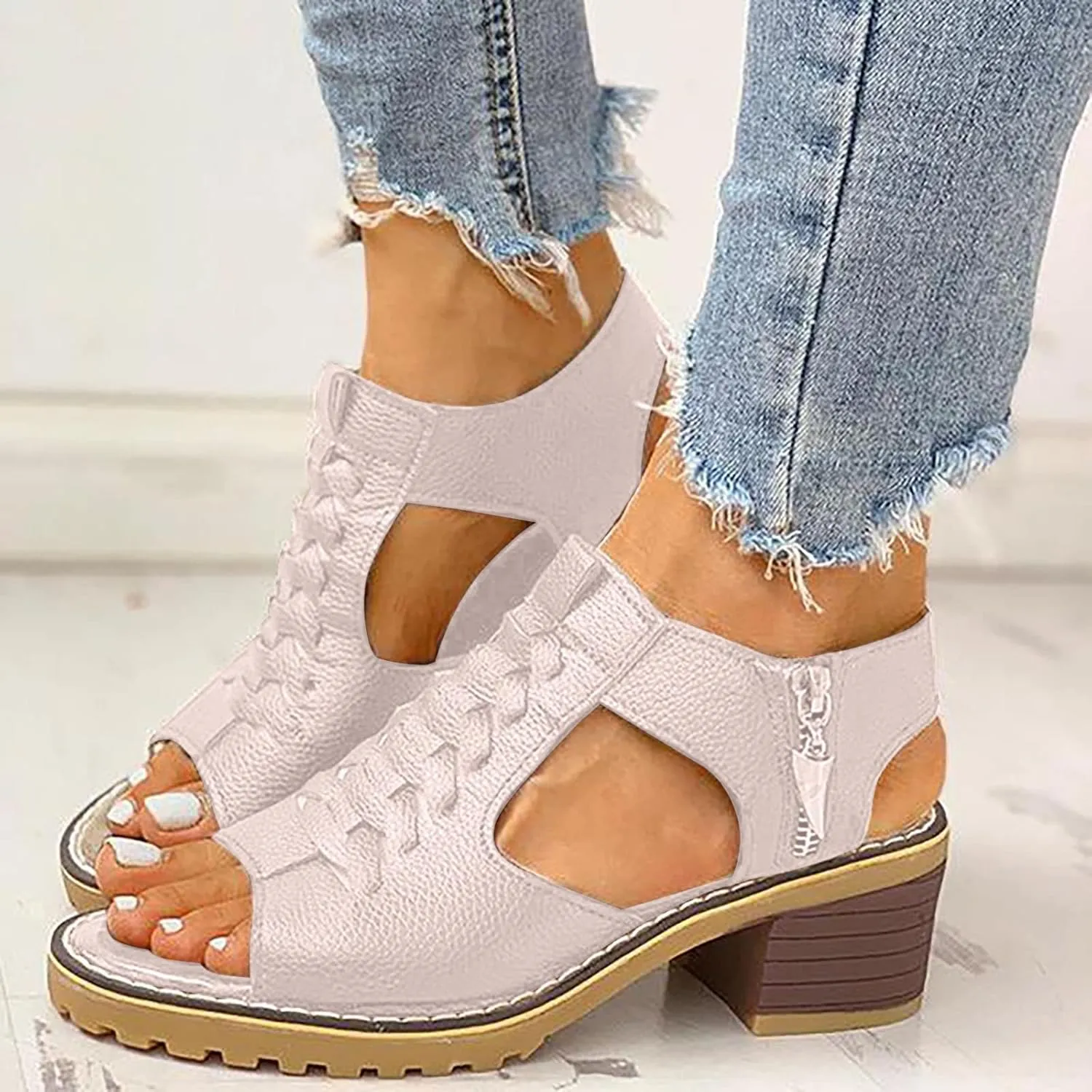 Womens Low Chunky Heel Sandals Fashion Ankle Zipper Open Toe Sandals Comfortable Sandales Summer Dressy Party Sandals