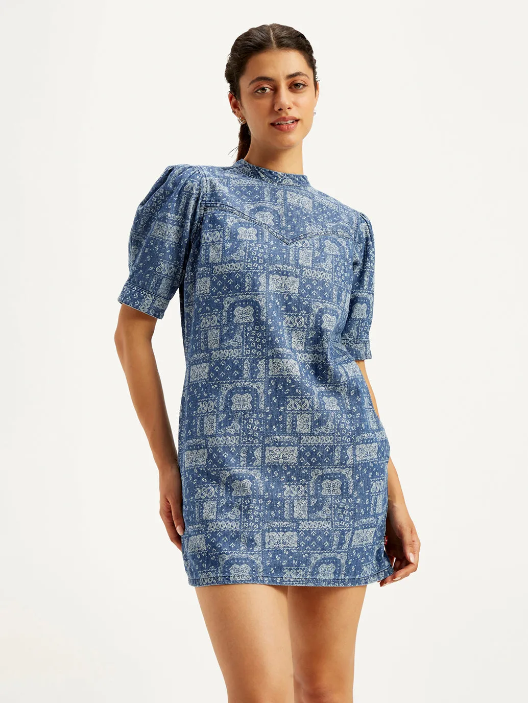 Women's Paisley Blue Band Neck Mini Dress