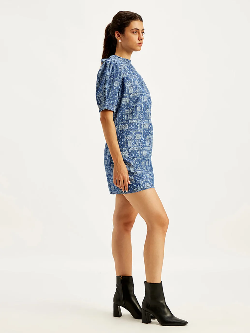 Women's Paisley Blue Band Neck Mini Dress