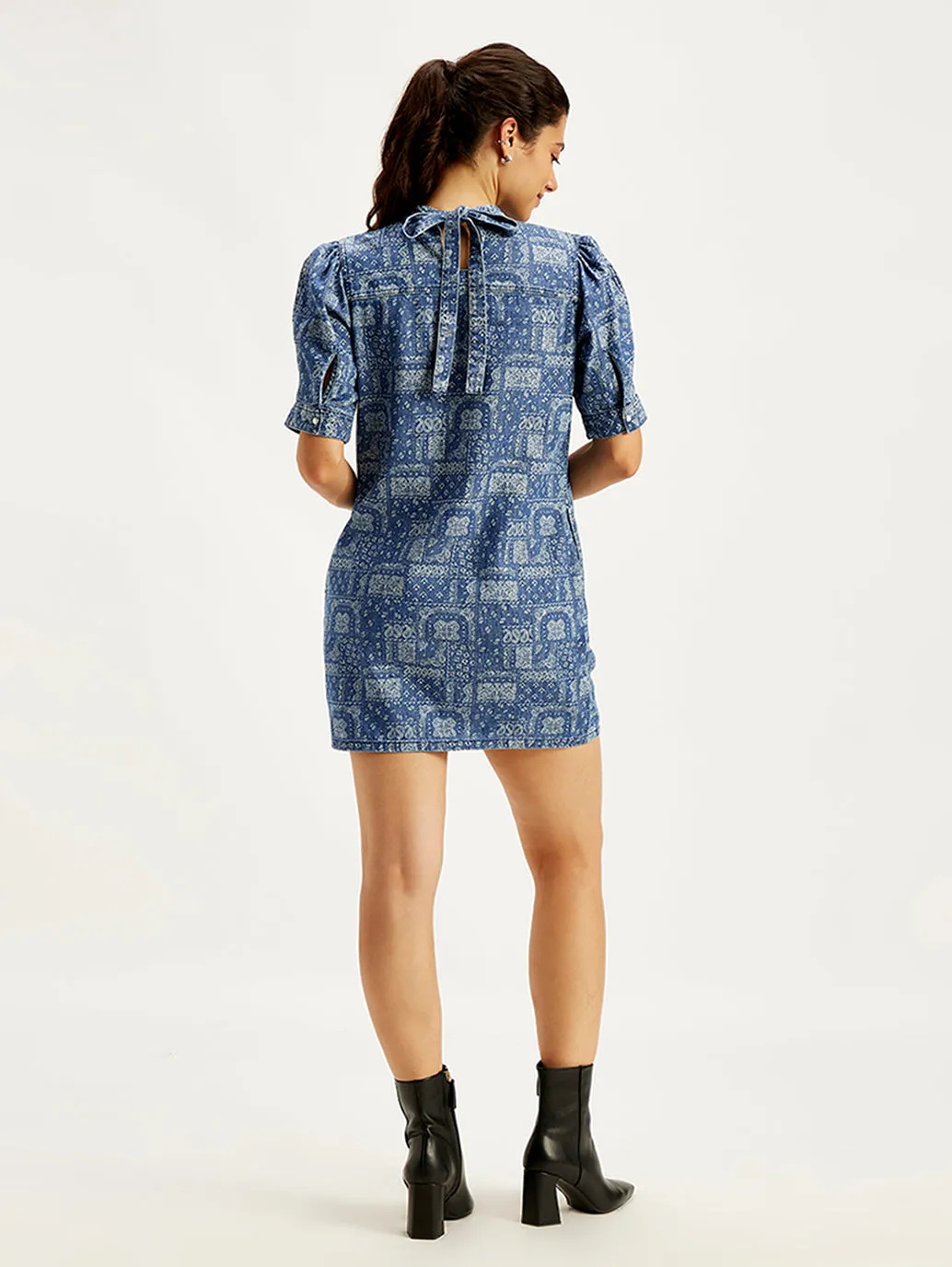 Women's Paisley Blue Band Neck Mini Dress
