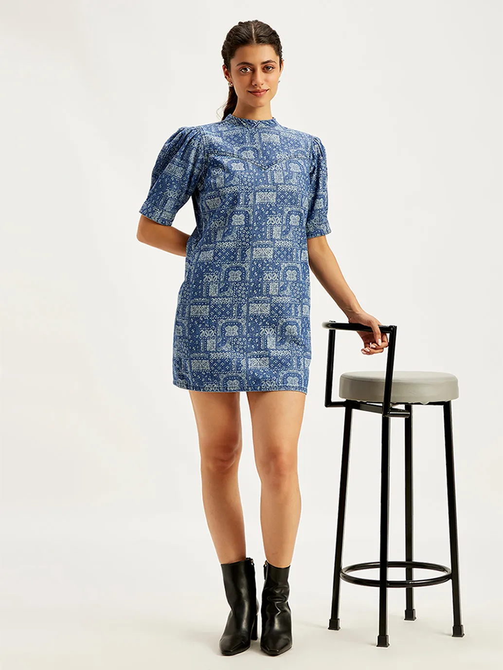 Women's Paisley Blue Band Neck Mini Dress