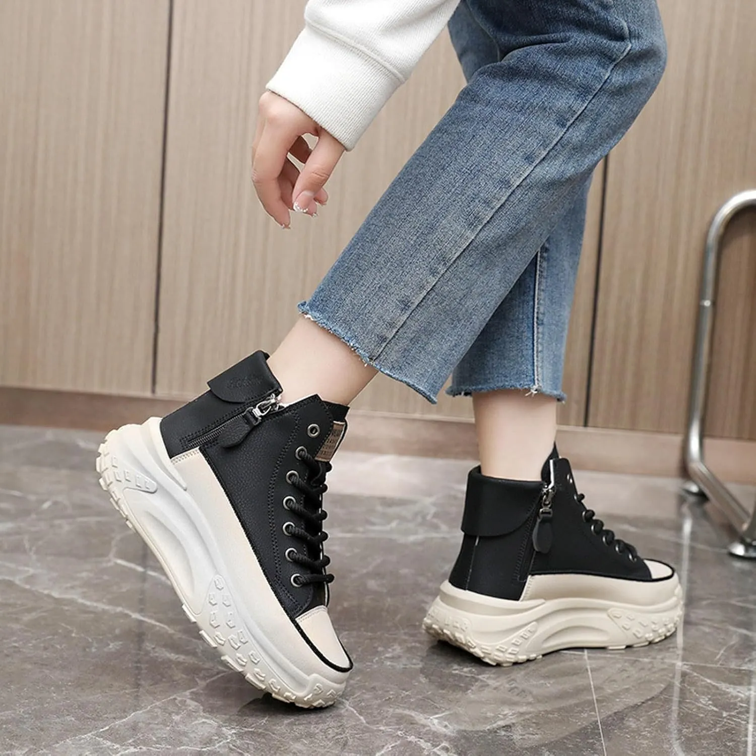Women's Platform Chunky Sneakers 2025, Women's Fashion Sneakers Canvas Platform Shoes for Women Black Casual Tennis Shoes Comfortable Walking Shoes for Women Lace Up Sneakers 