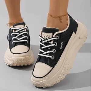 Women's Platform Chunky Sneakers 2025, Women's Fashion Sneakers Canvas Platform Shoes for Women Black Casual Tennis Shoes Comfortable Walking Shoes for Women Lace Up Sneakers 