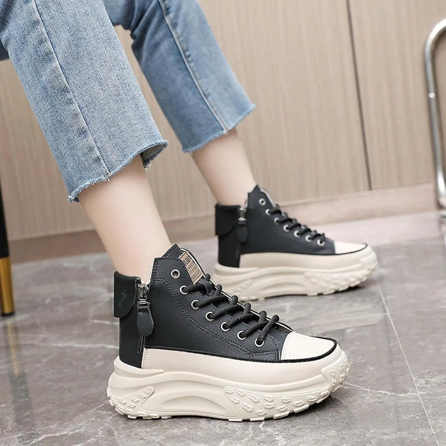 Women's Platform Chunky Sneakers 2025, Women's Fashion Sneakers Canvas Platform Shoes for Women Black Casual Tennis Shoes Comfortable Walking Shoes for Women Lace Up Sneakers 