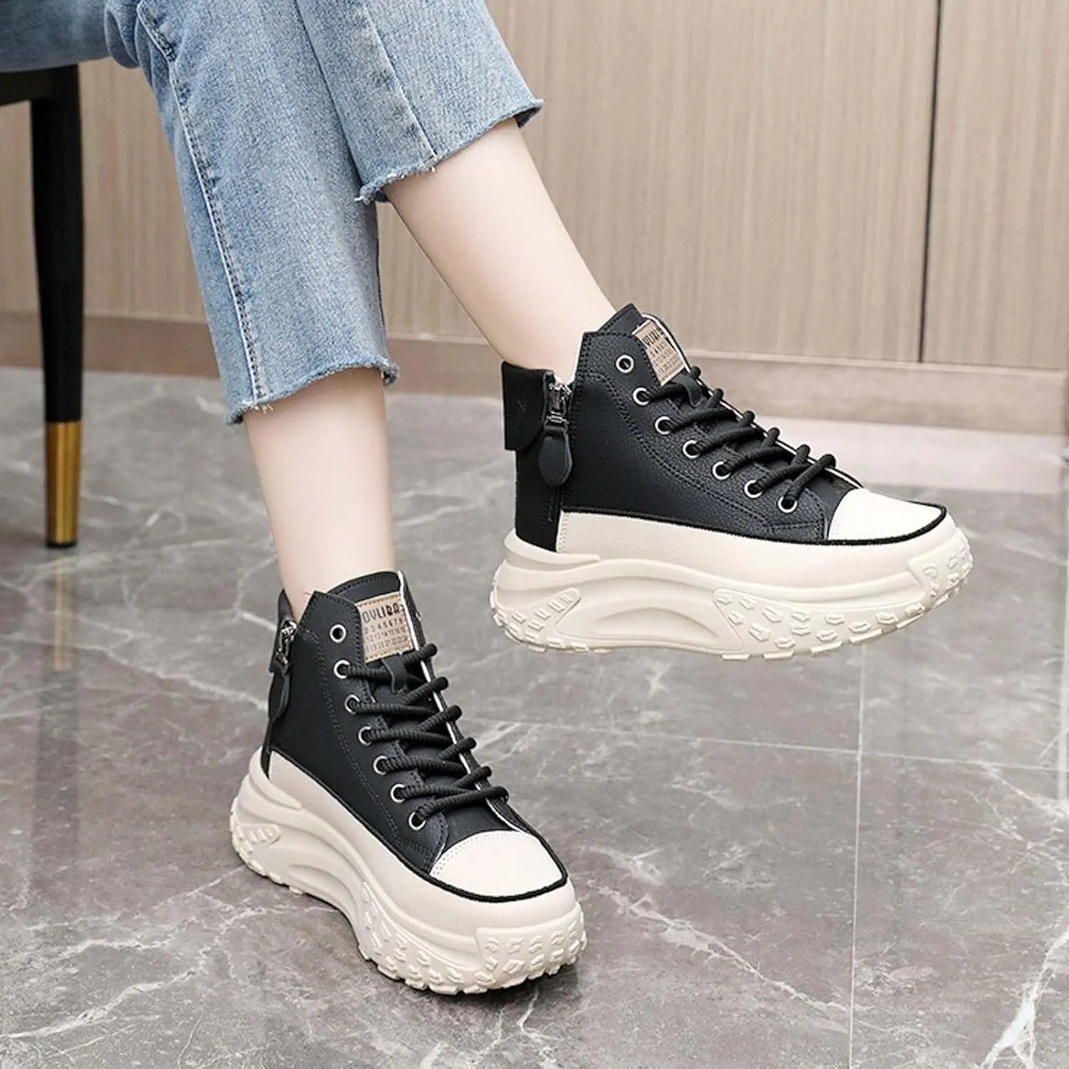 Women's Platform Chunky Sneakers 2025, Women's Fashion Sneakers Canvas Platform Shoes for Women Black Casual Tennis Shoes Comfortable Walking Shoes for Women Lace Up Sneakers 