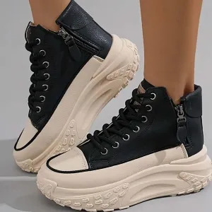 Women's Platform Chunky Sneakers 2025, Women's Fashion Sneakers Canvas Platform Shoes for Women Black Casual Tennis Shoes Comfortable Walking Shoes for Women Lace Up Sneakers 