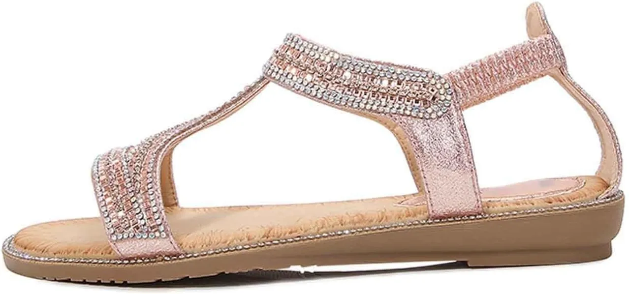 Women's Rhinestone Flat Sandals Summer Dressy Open Toe Comfortable Boho Beach Sandals for Casual Outings and Vacations