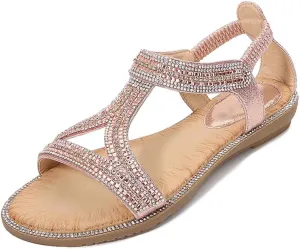 Women's Rhinestone Flat Sandals Summer Dressy Open Toe Comfortable Boho Beach Sandals for Casual Outings and Vacations